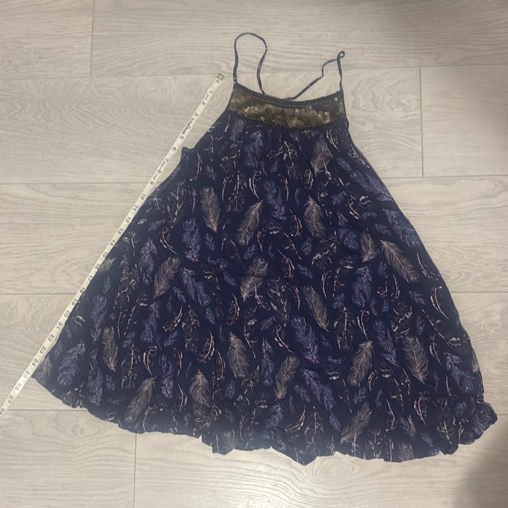 Purple Feather Print Small Dress With Pockets